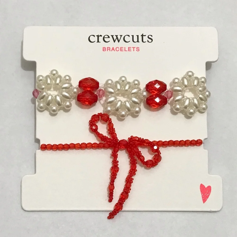 NWT Crewcuts Beaded Bracelet Set, Holiday Christmas Bow Red White J. Crew Girls